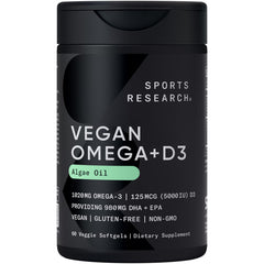 Sports Research vegan omega-3 and vitamin D3 softgels bottle front hero