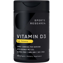 Bottle of Sports Research Vitamin D3 1000 IU with Coconut MCT Oil