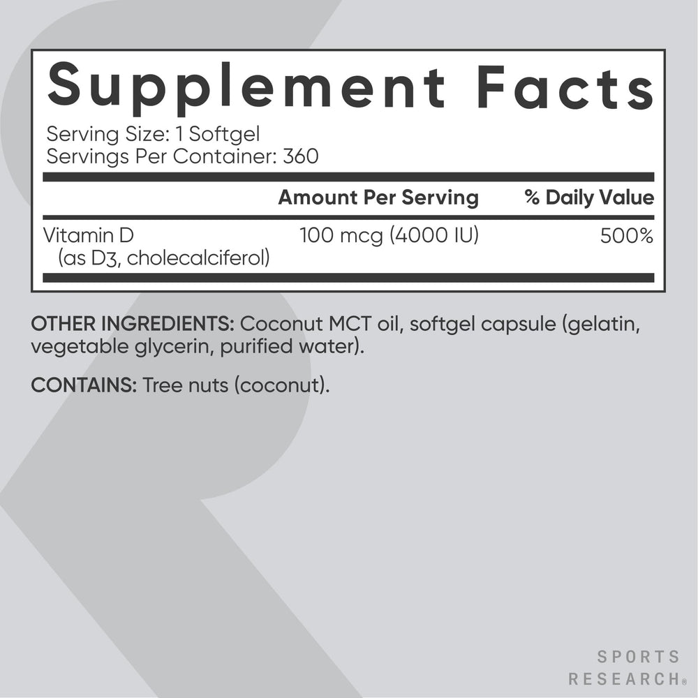 Ingredient panel highlighting D3 and MCT oil