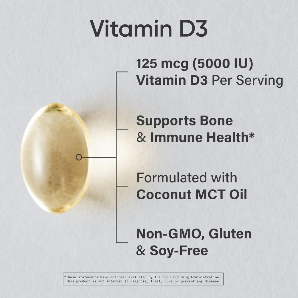 Close-up of Vitamin D3 softgels in coconut oil bottle