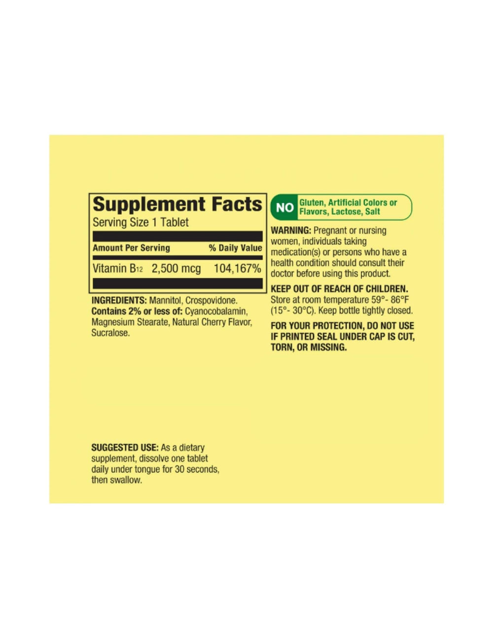 Nutrition label showing 2,500 mcg per tablet