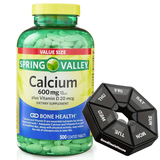Spring Valley Calcium 600 mg + Vitamin D 20 mcg bottle with 500 tablets and weekly pill organizer