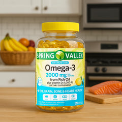 Close-up of Spring Valley Omega-3 softgels in blister