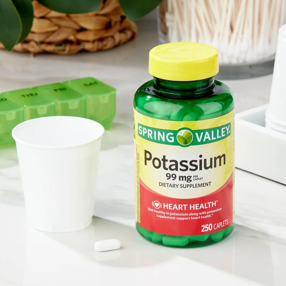 Close-up of Spring Valley Potassium Caplets bottle