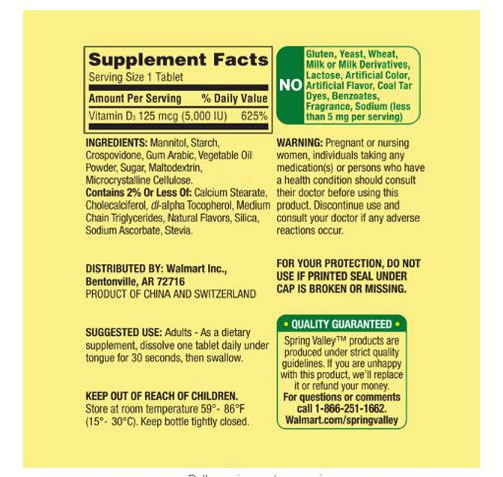 Nutritional facts panel for Spring Valley Vitamin D3 bottle