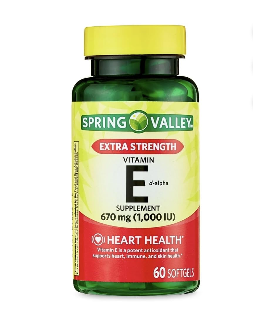 Bottle of Spring Valley Vitamin E D-Alpha Softgels – 670 mg (1,000 IU)
