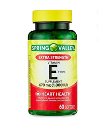 Bottle of Spring Valley Vitamin E D-Alpha Softgels – 670 mg (1,000 IU)