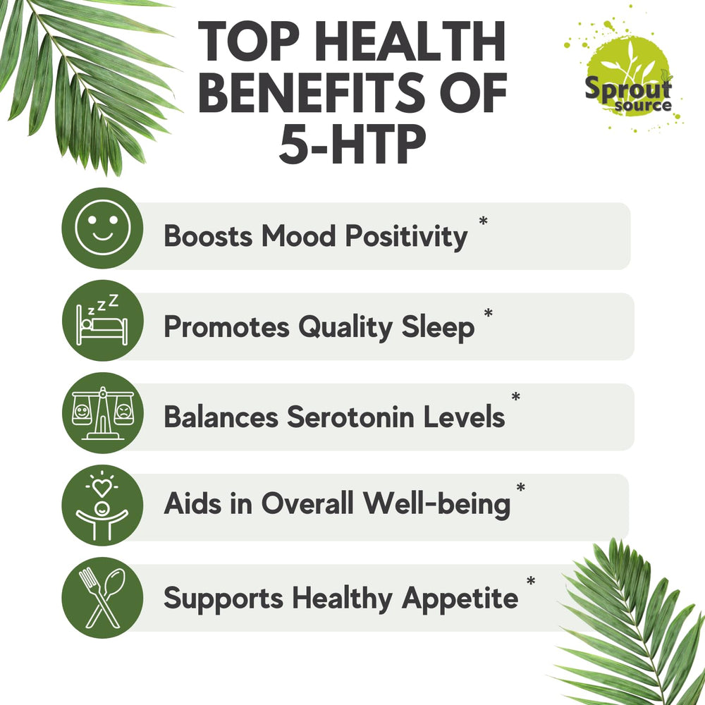 Supplement facts label showing 5-HTP 200 mg and Calcium 328 mg