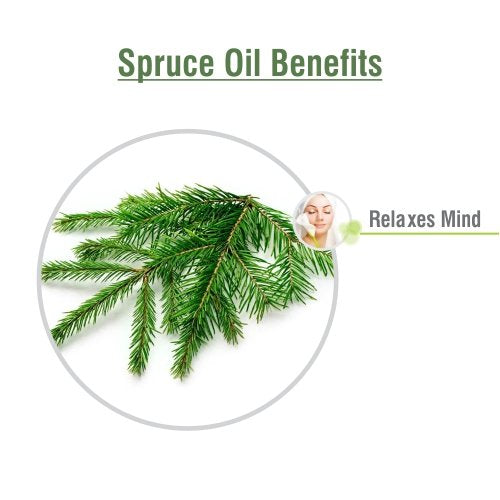 Spruce Oil packaging and amber glass bottle on white background