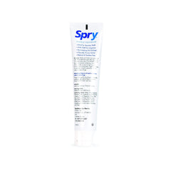 Close-up of Spry toothpaste label showing peppermint flavor