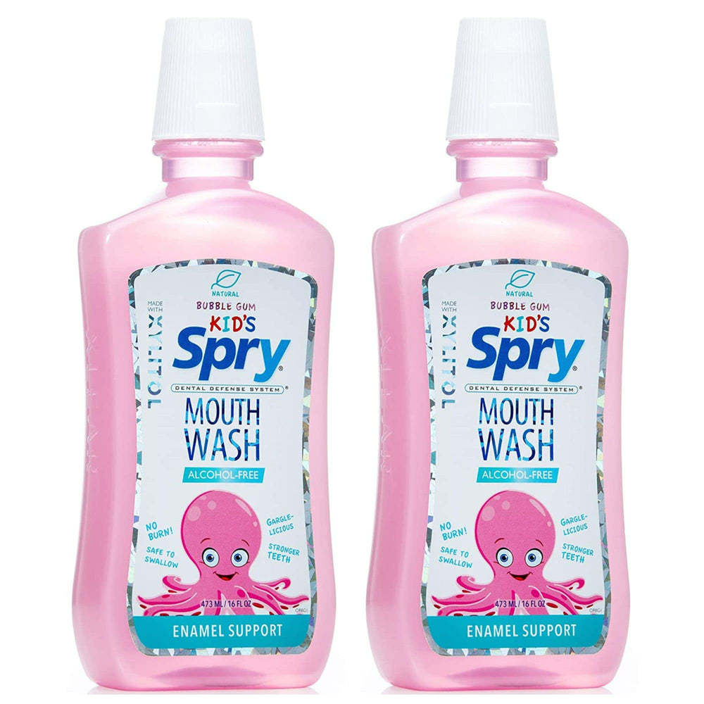 Spry Natural Xylitol Mouthwash Bubble Gum flavor bottle front view (16 fl oz)