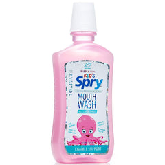 Close-up of Spry Mouthwash label highlighting xylitol and fluoride-free features