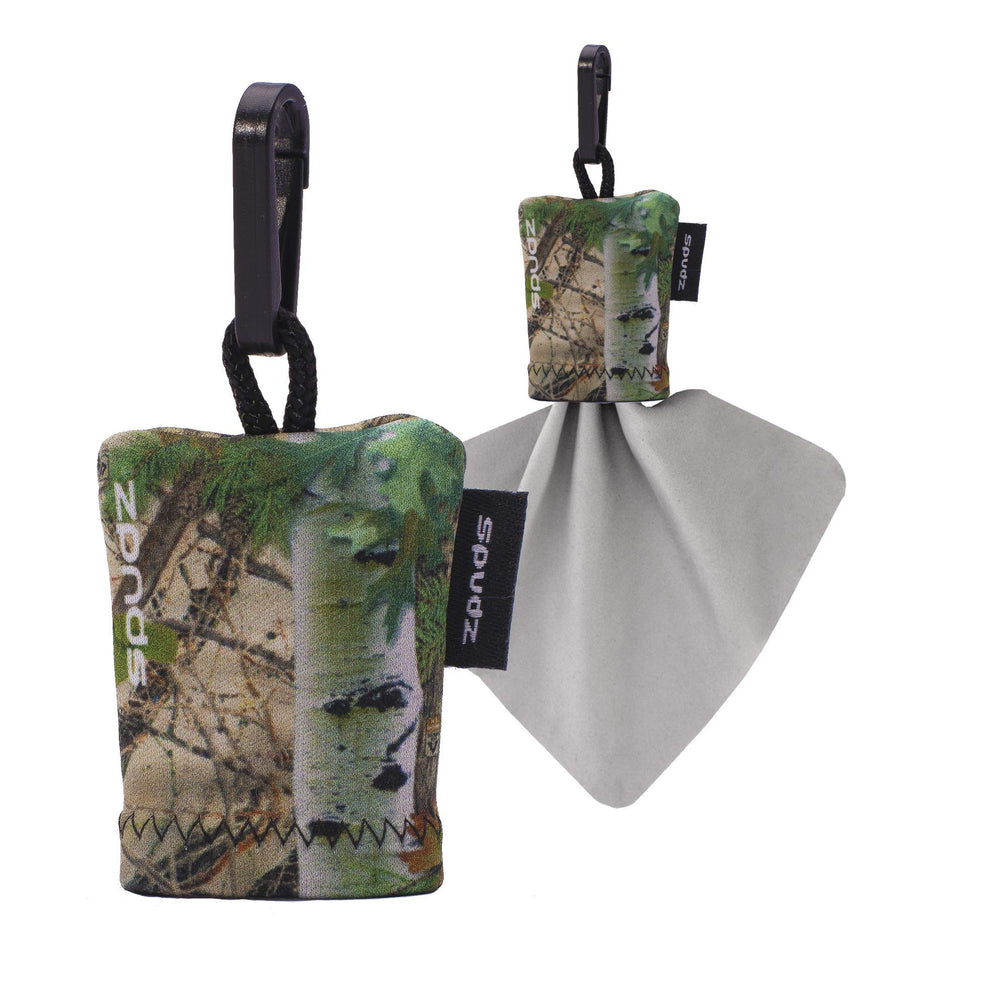SPUDZ Classic microfiber lens cleaner with clip-on neoprene pouch in Alpine Mountain Camo