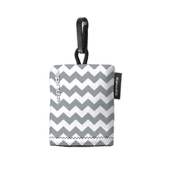 Close-up of clipped neoprene pouch and attached microfiber cloth