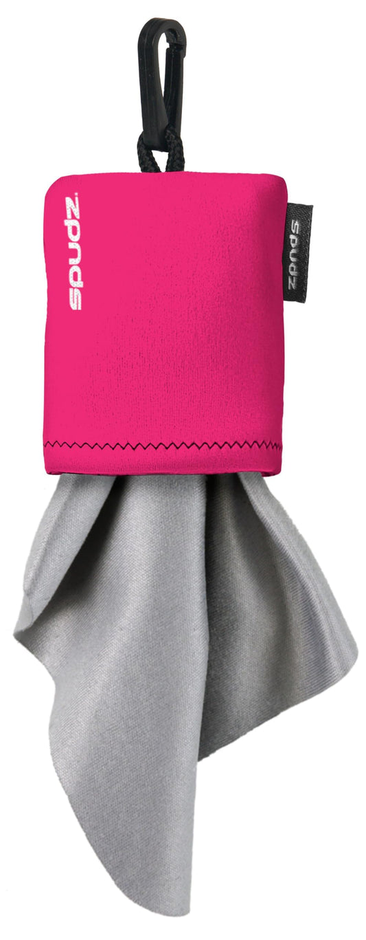 SPUDZ Classic microfiber cloth attached to pink clip-on pouch (front view)