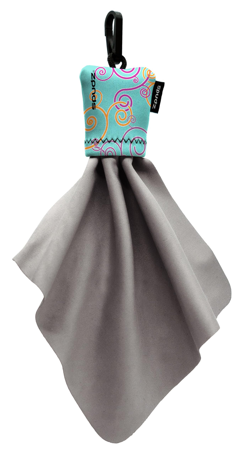 SPUDZ Classic microfiber lens cleaner in clip-on pouch with baby blue swirls, 6x6 inches