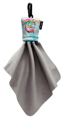 SPUDZ classic microfiber lens cleaner in pastel unicorn clip-on pouch showing 6x6 inch cloth