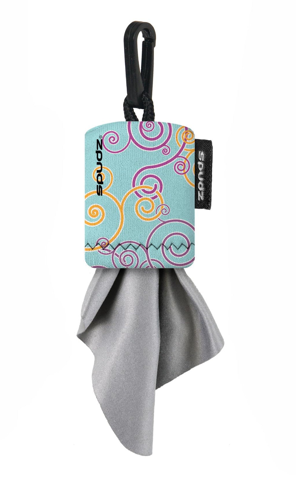 SPUDZ Classic microfiber lens cleaner with clip-on pouch in baby blue swirl design