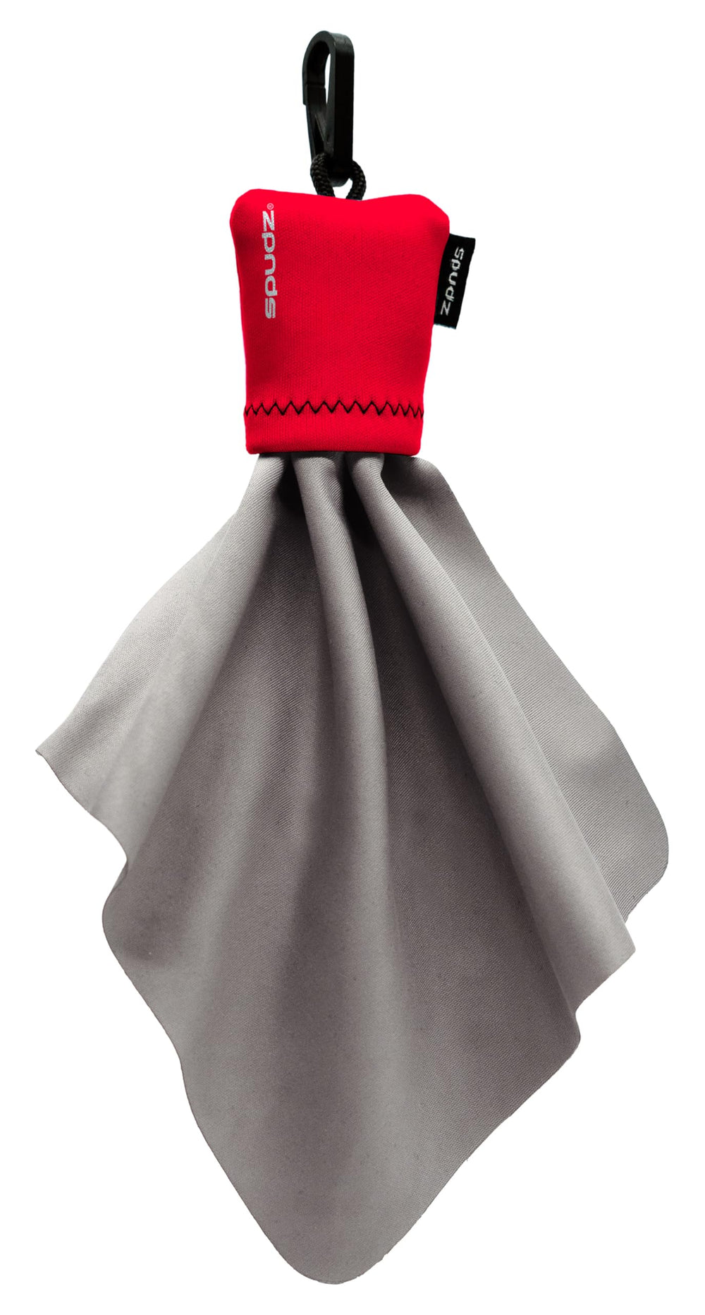 SPUDZ Classic microfiber lens cleaner with red clip-on pouch (front view)