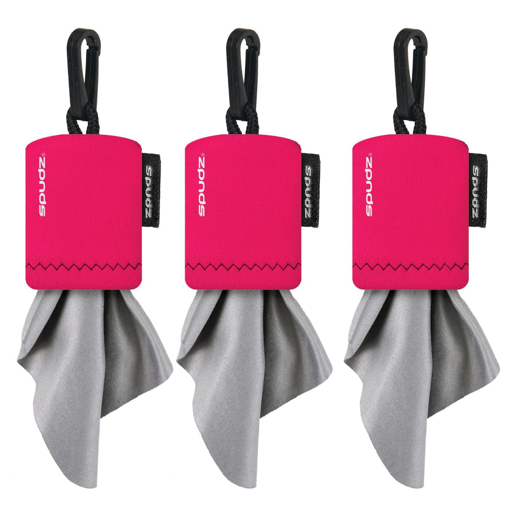 SPUDZ Classic pink microfiber lens cleaner with clip-on pouch and 6x6 inch cloth