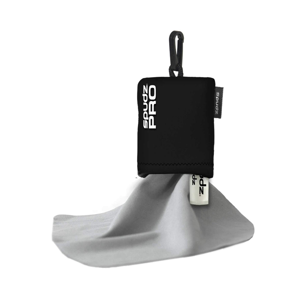 SPUDZ Pro 10x10 microfiber cloth attached to a closed-bottom neoprene pouch
