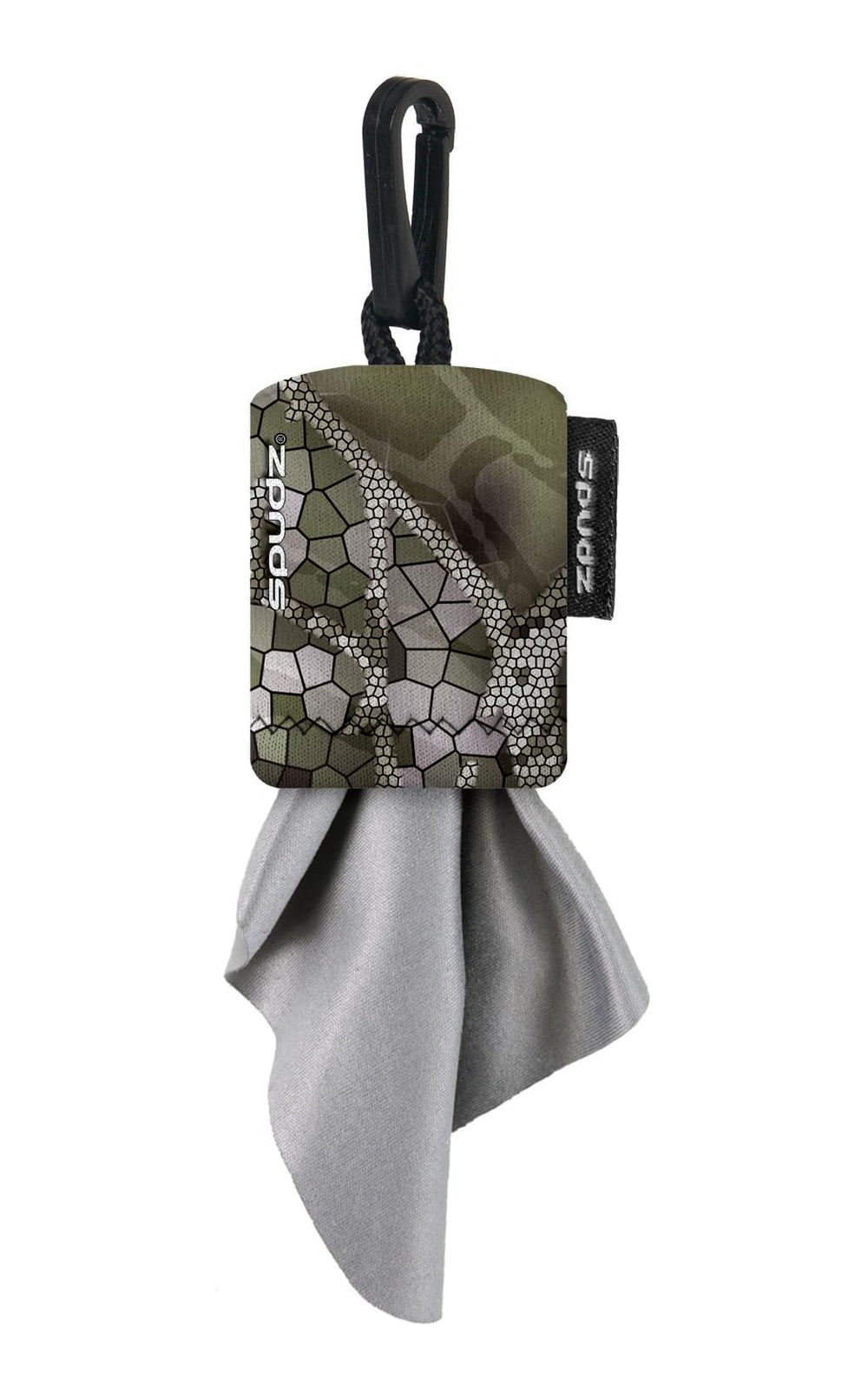 SPUDZ Ultra microfiber lens cleaner attached to a closable Vanish Tan neoprene pouch with a 6x6 inch cloth