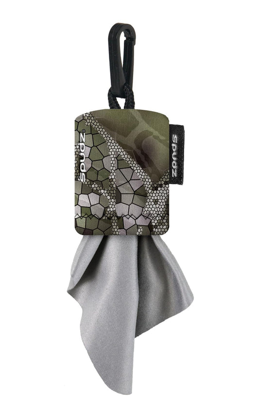 SPUDZ Ultra microfiber lens cleaner attached to a closable Vanish Tan neoprene pouch with a 6x6 inch cloth