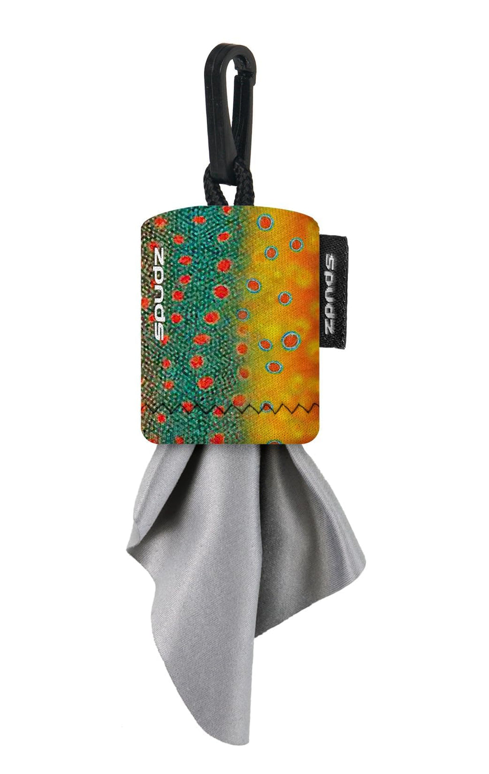 SPUDZ Ultra microfiber cloth attached to closable neoprene pouch with clip.