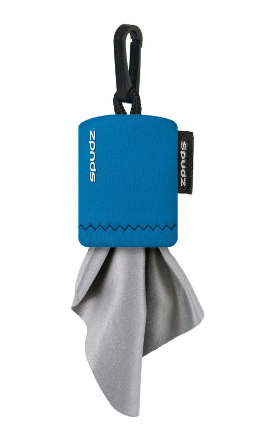 SPUDZ Ultra microfiber lens cleaner attached to closable neoprene pouch in Costal Blue