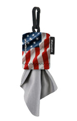 Front view of SPUDZ Ultra microfiber lens cleaner with USA flag design and 6x6 inch cloth