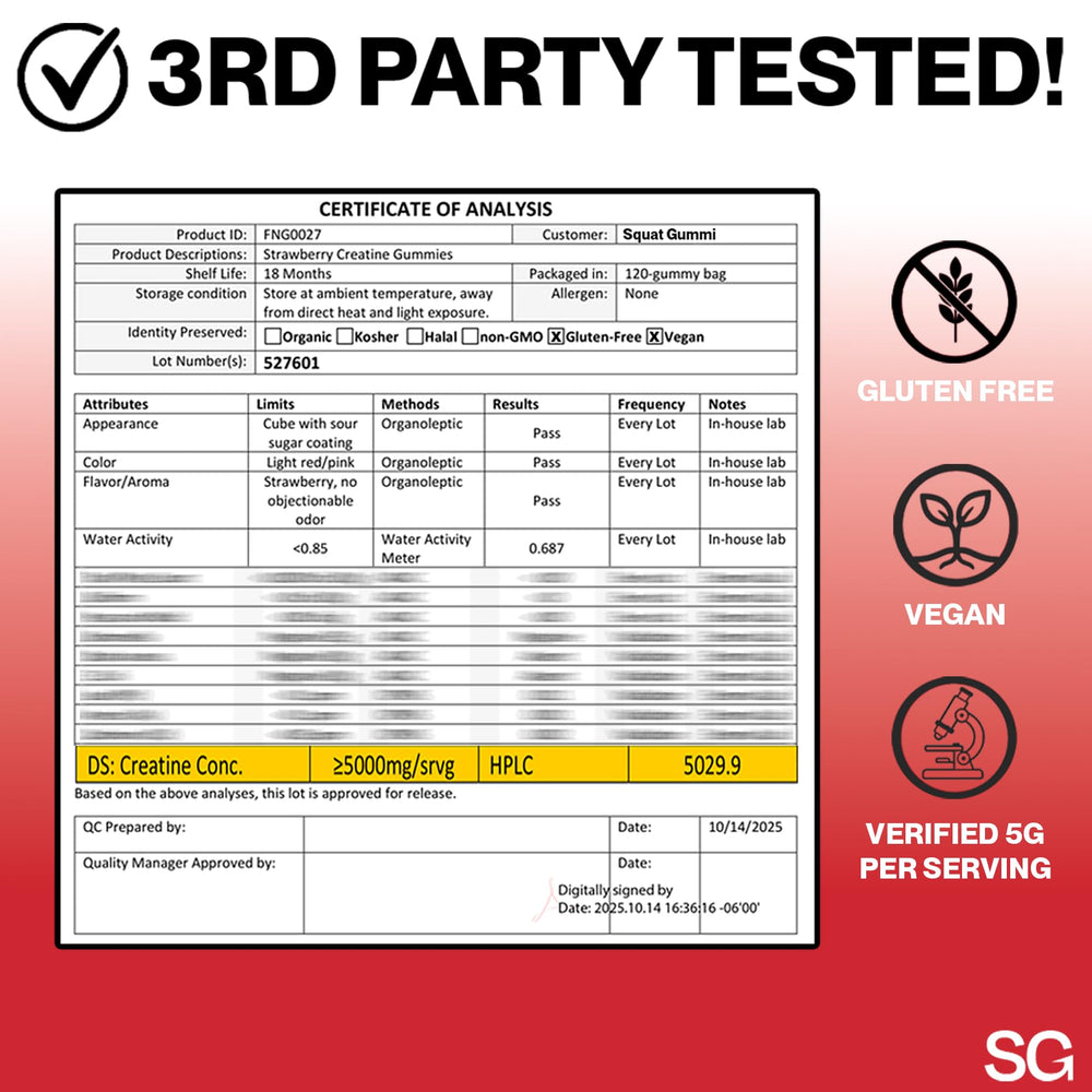 Product label showing creatine monohydrate and third-party testing