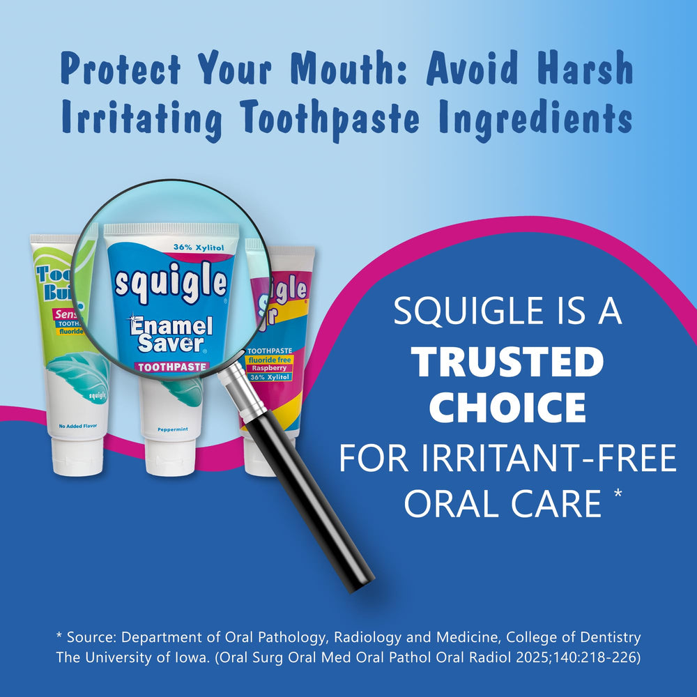 Label showing SLS-free fluoride toothpaste information
