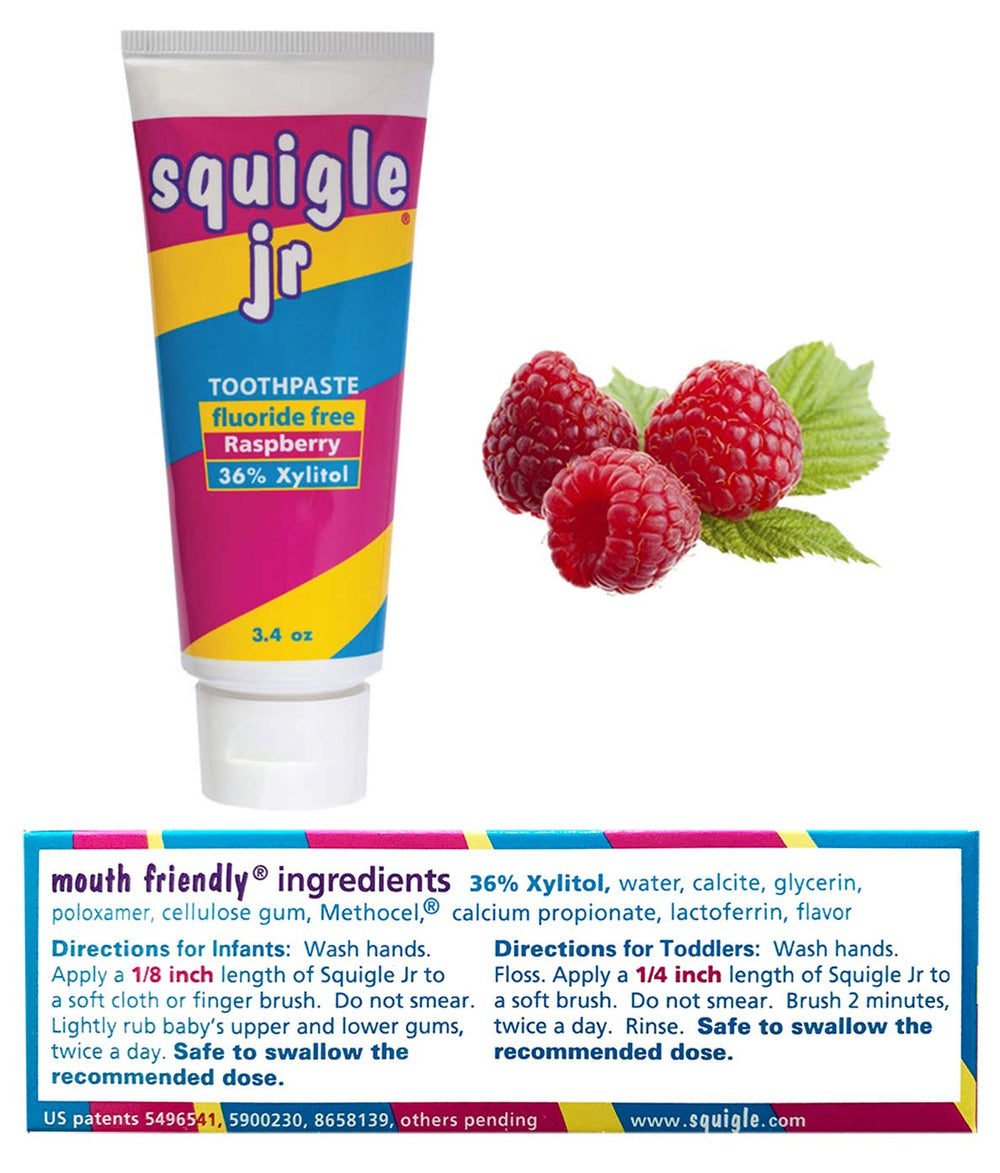 Squigle Jr packaging showing fluoride-free and no SLS