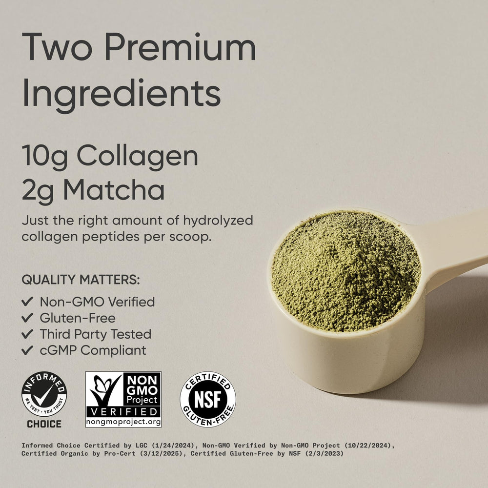 Close-up of collagen peptides powder blending with matcha
