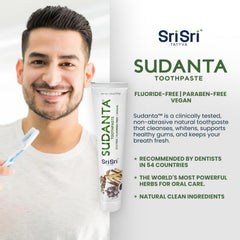 Pack shot showing three 200 g tubes of Sudanta toothpaste