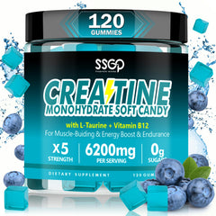 Front view of SSGP Creatine Monohydrate Gummies blueberry flavor bottle