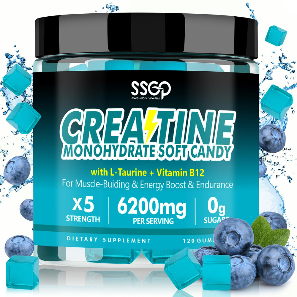 Packaged bottle of SSGP Creatine Monohydrate Gummies blueberry 120ct