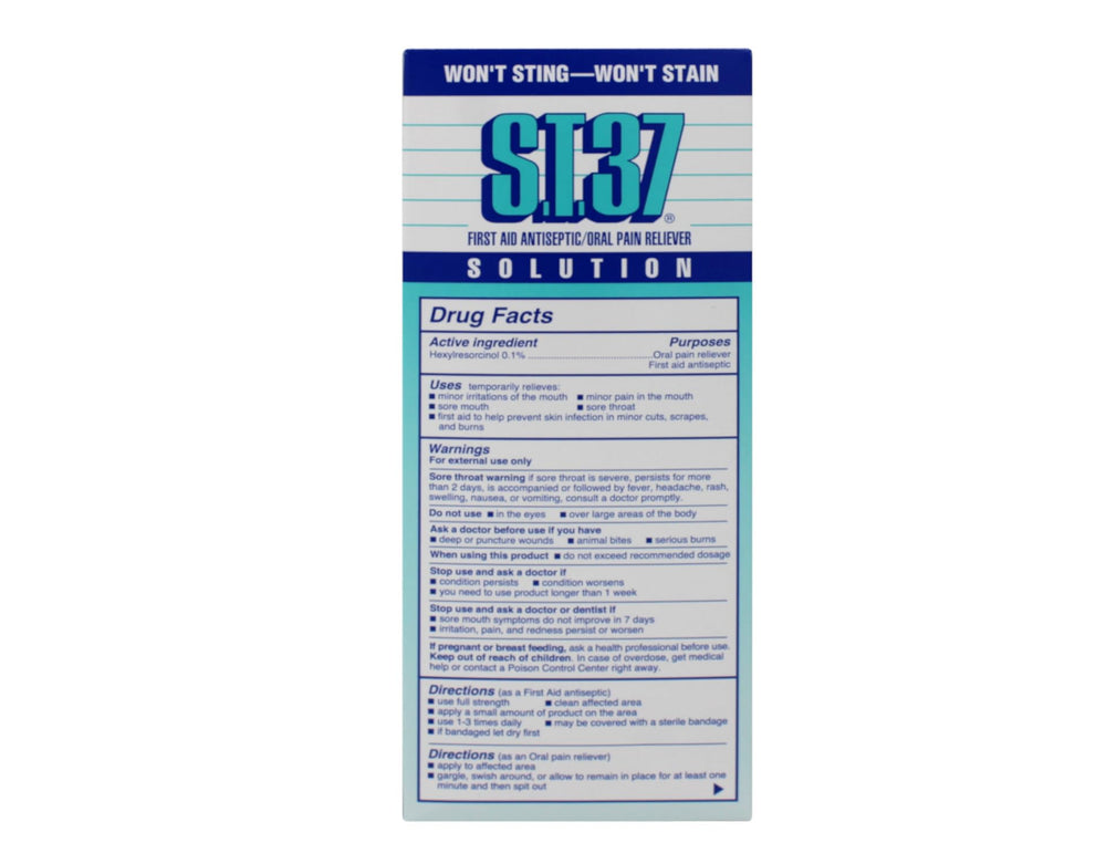 Front view of ST 37 antiseptic solution bottle and packaging