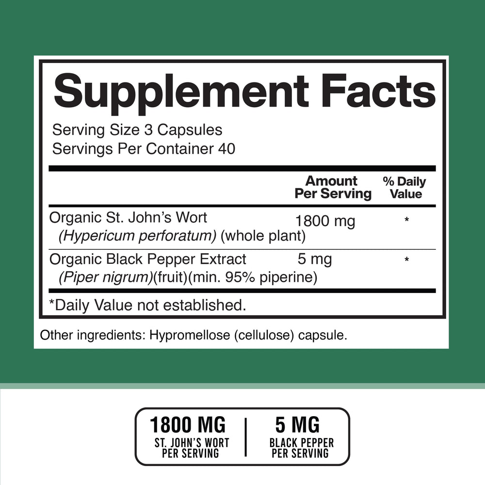 Made in the USA in an FDA-registered facility with 1800mg St. John’s Wort