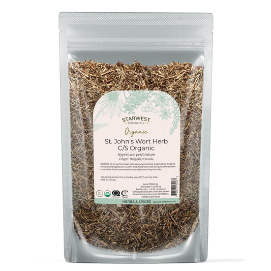 Organic St. John's Wort dried herb in a 4 oz pouch, cut and sifted