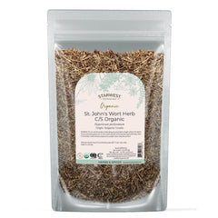 Organic St. John's Wort dried herb in a 4 oz pouch, cut and sifted
