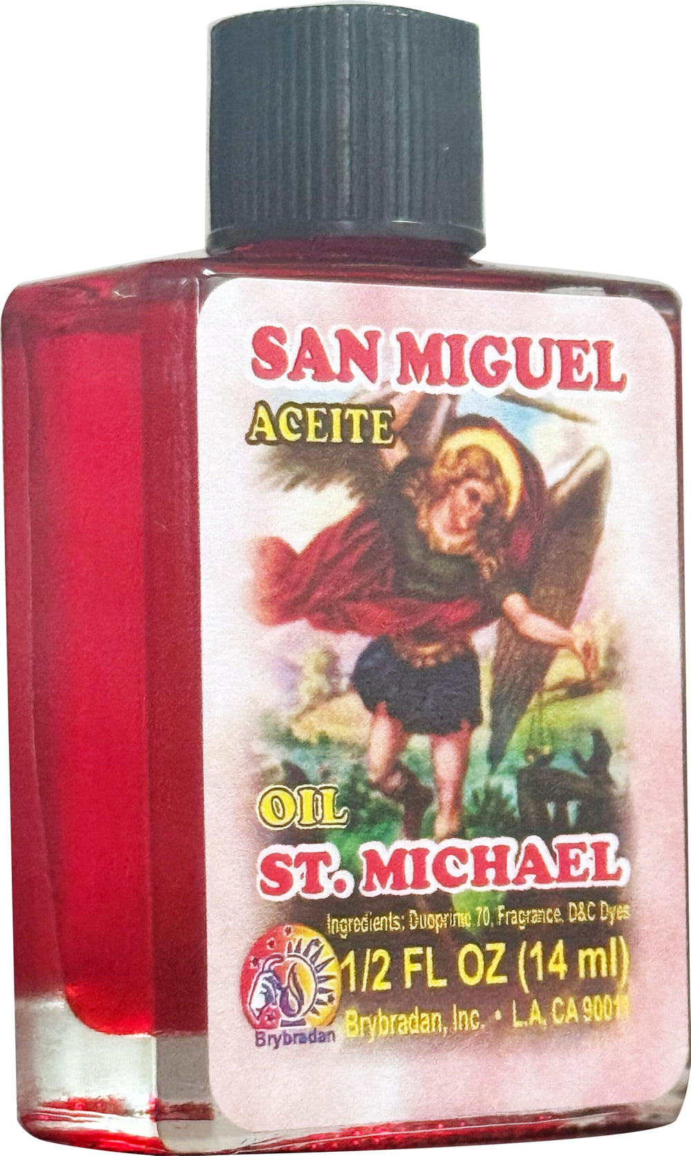 Close-up view of St. Michael scented oil bottle for aromatherapy