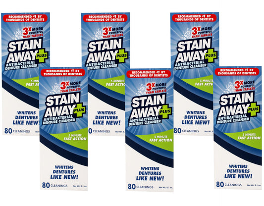 Box of Stain Away Plus denture cleanser six-pack (8.1 oz each).