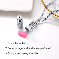 Stainless steel aromatherapy jewelry boxed with black velvet pouch.