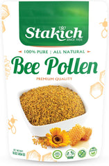 Stakich Bee Pollen Granules closeup in jar, showcasing vibrant granules for daily energy.