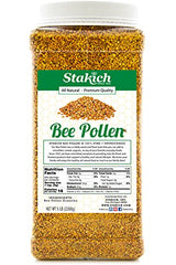 Stakich Bee Pollen Granules jar on kitchen counter highlighting pure natural energy source