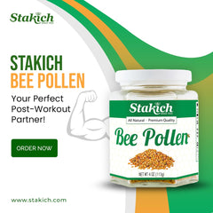 Stakich Bee Pollen Granules sprinkled over oatmeal for extra nutrition.
