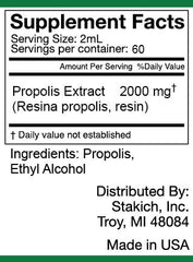 Close-up of Stakich Propolis Extract bottle and label
