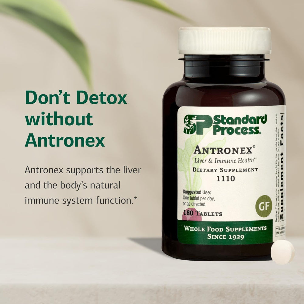 Standard Process Antronex gluten-free label on bottle indicating non-dairy and non-soy