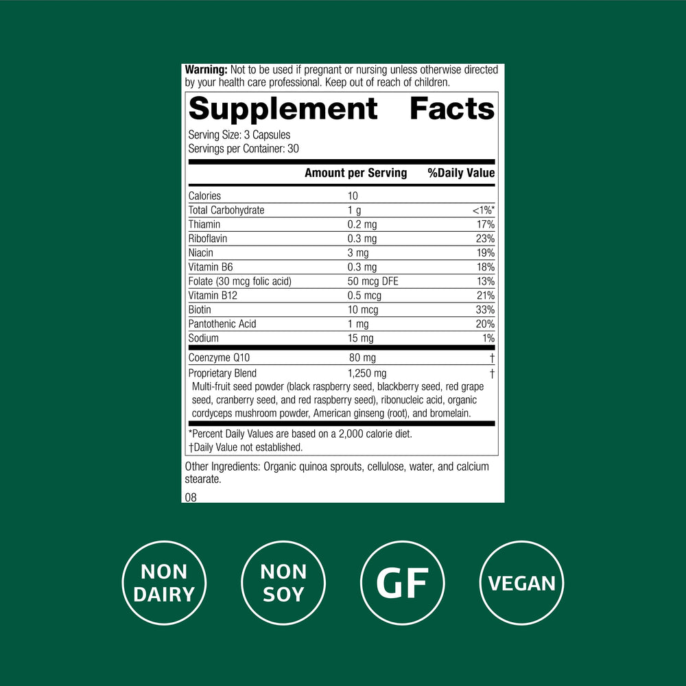 Standard Process B Vitality with CoQ10 capsules highlighting broad B vitamin coverage.